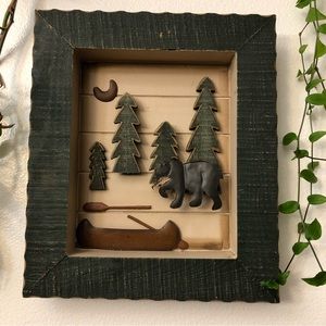 Vintage Wooden Christmas Cabin Wall Art – Pine Tree, Bear 3D Shadow Box Decor